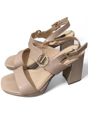 Jones New York Tan Strappy Heels - Gold Logo Buckle